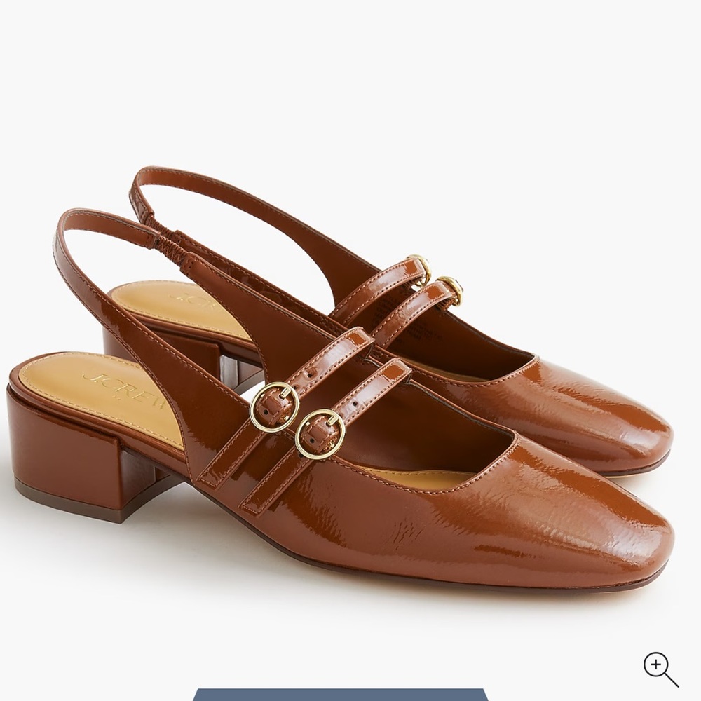 J. Crew Chestnut Patent Leather Slingback Heels with Gold Buckles